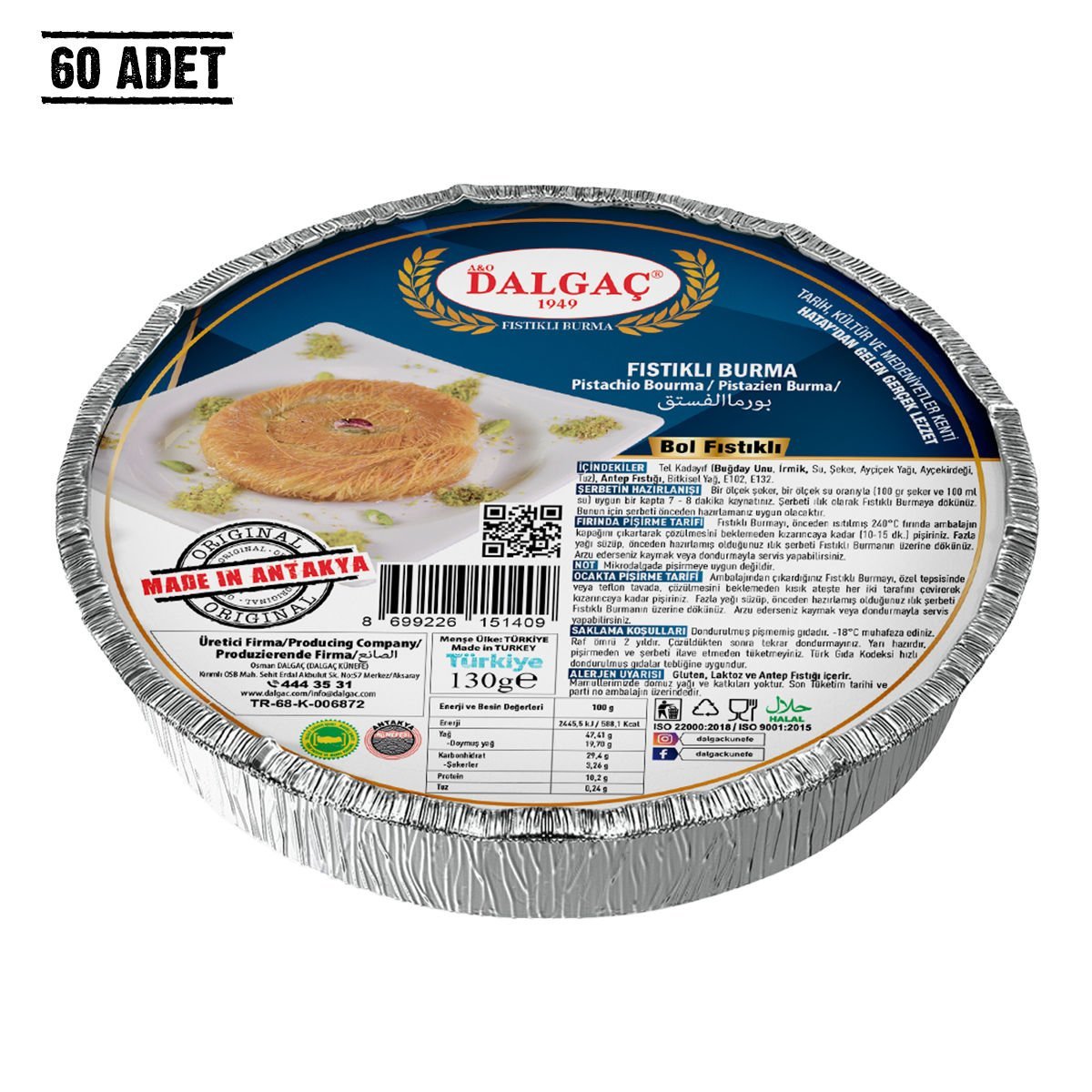 Folyo Tabak İçinde Dondurulmuş Fıstıklı Burma 130 Gr Orta (60 Adet)